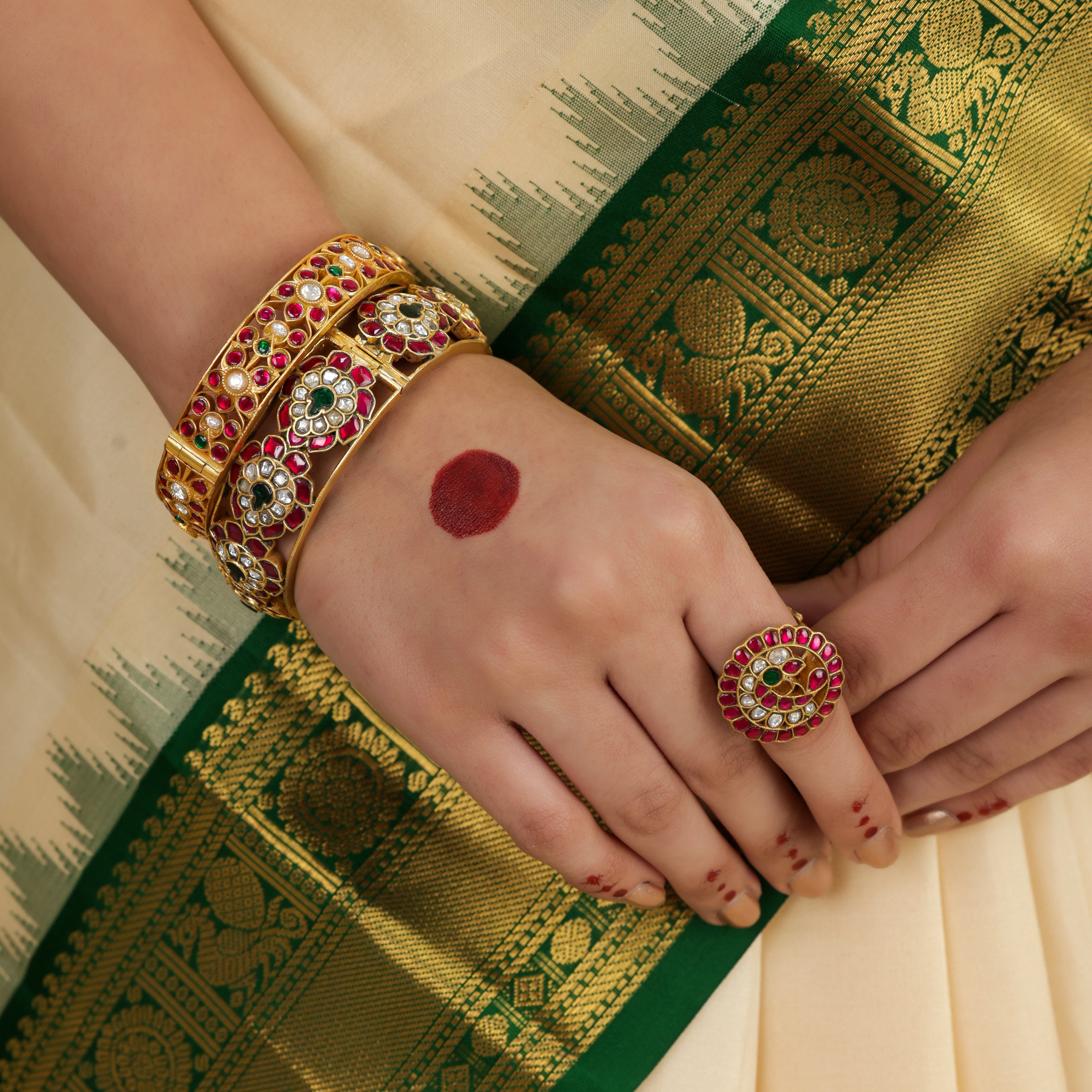 Ruby Emerald Floral Kundan Bangles