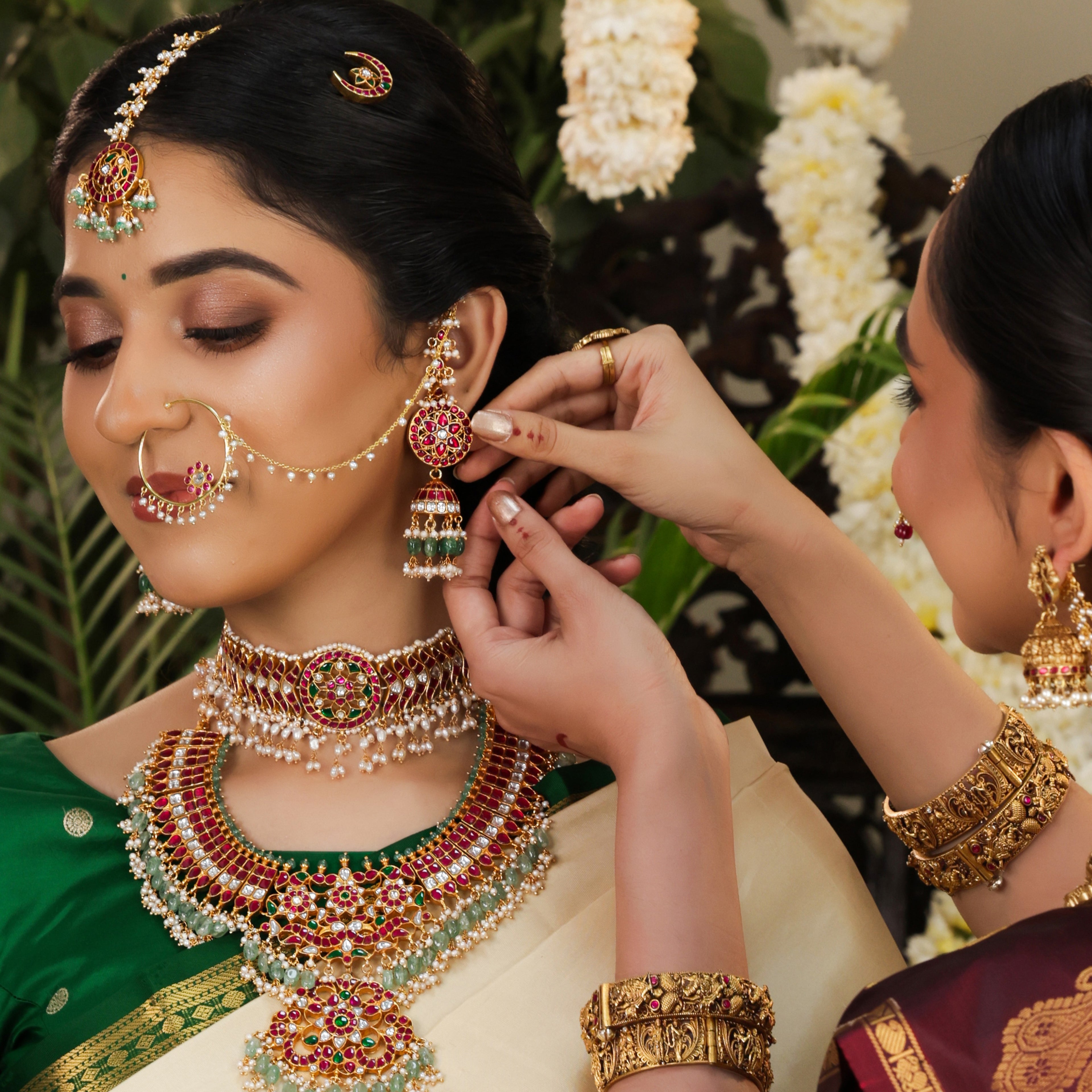 Kundan Ruby Emerald Pearl Jhumka Earrings