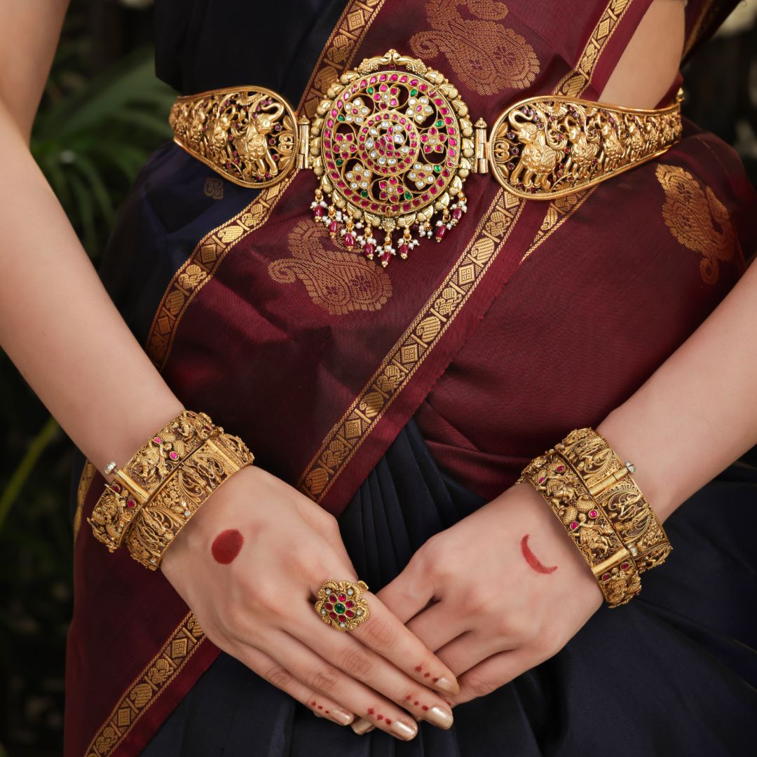92.5 Sterling Silver Temple Vaddanam with Intricate Peacock & Floral Design