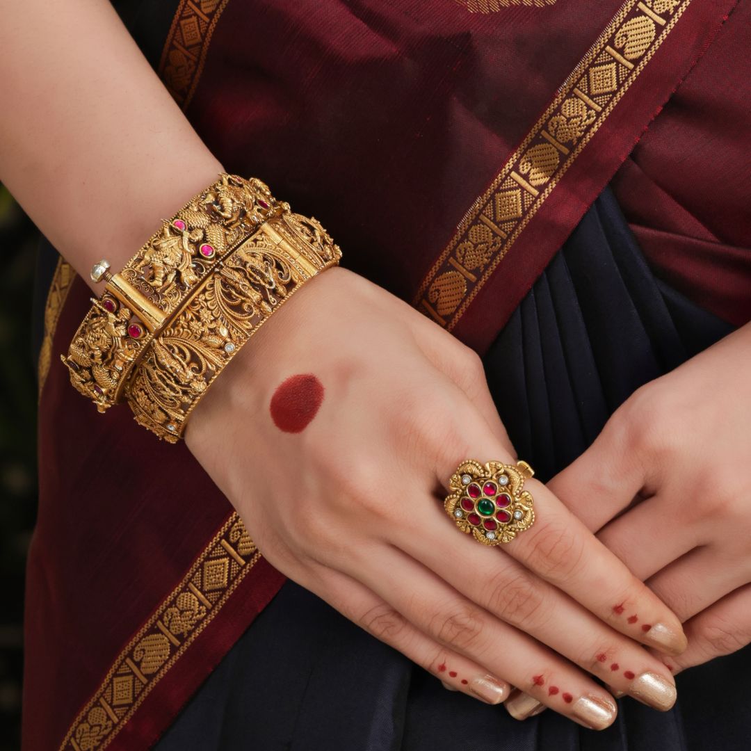 92.5 Sterling Silver Temple Kada Bangles with Krishna & Peacock Motifs