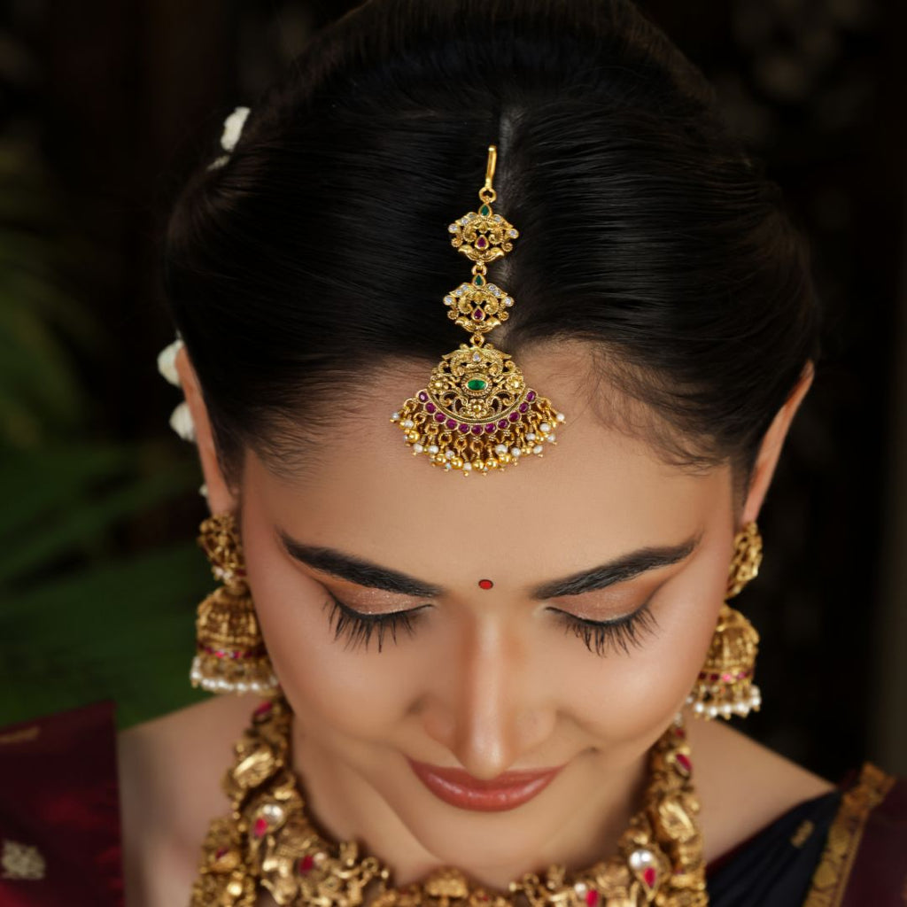 92.5 Sterling Silver Temple Maang Tikka with Ruby, Emerald & Pearl Drops