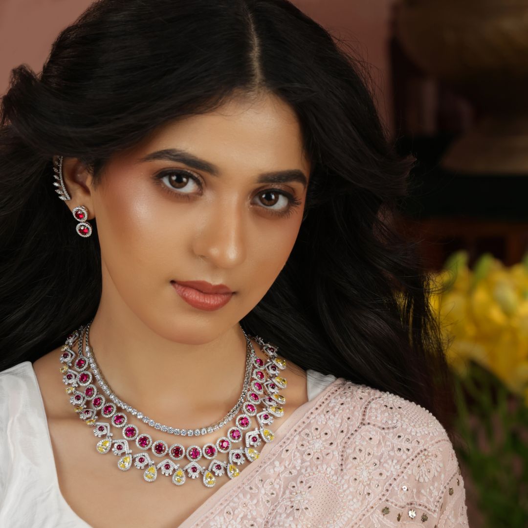 Pear Cut Yellow Pink CZ Statement Necklace