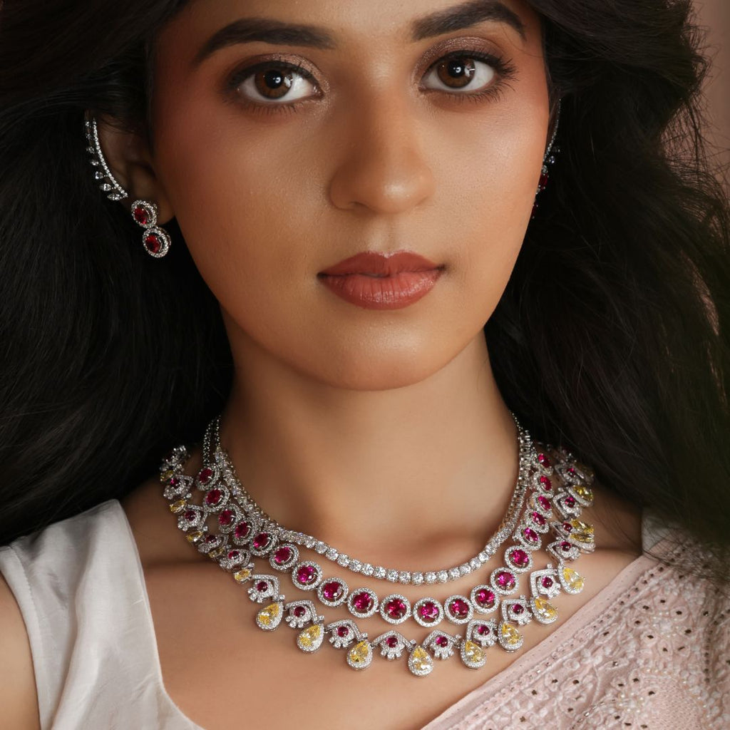 Pink Ruby White Silver CZ Halo Necklace Set