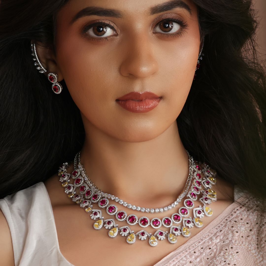 Pink Ruby White Silver CZ Halo Necklace Set