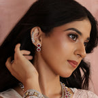 Pink Ruby White Silver CZ Halo Necklace Set