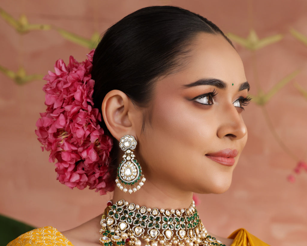925 Sterling Silver Emerald Kundan Pearl Drop Earrings