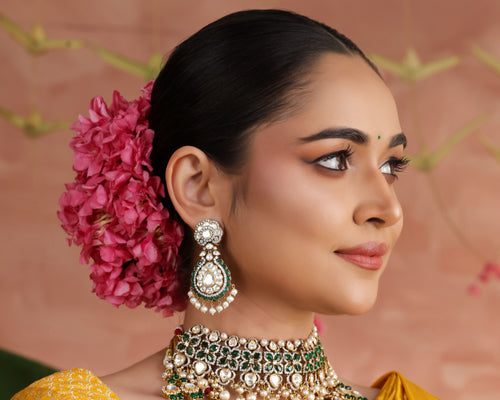 92.5 Silver Emerald Kundan Pearl Drop Earrings