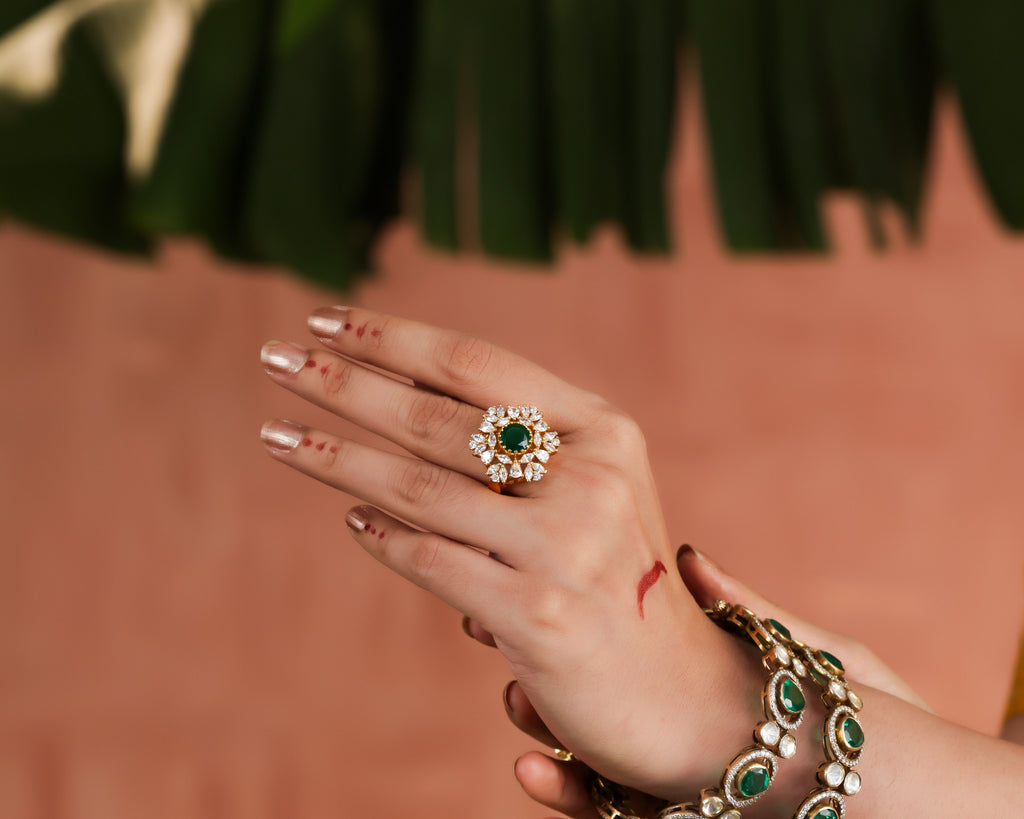 925 Sterling Silver Emerald Halo Ring