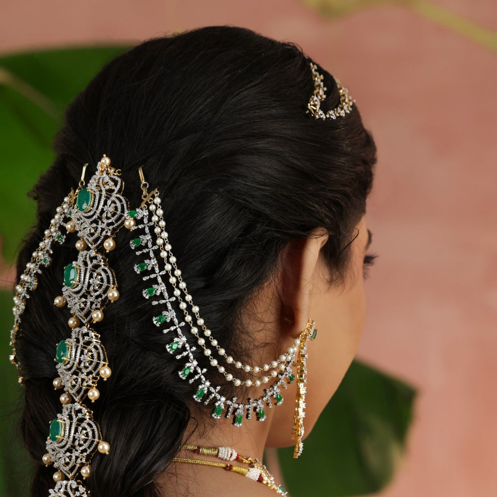 92.5 Silver CZ Emerald Champa Swaralu for Women Designer Bridal Hair Jewellery