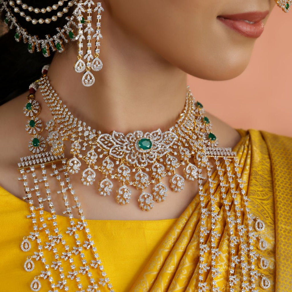 92.5 Sterling Silver CZ Designer Emerald Statement Necklace