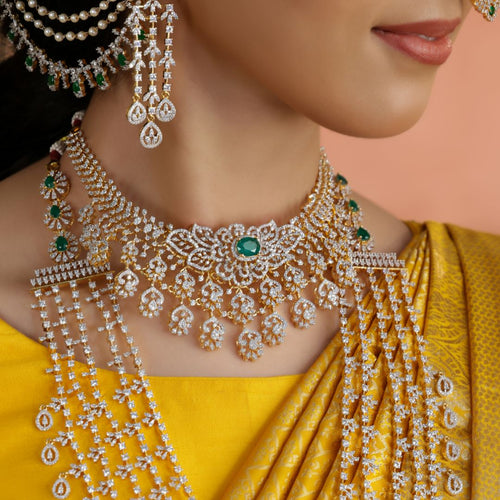 92.5 Silver CZ Designer Emerald Statement Necklace