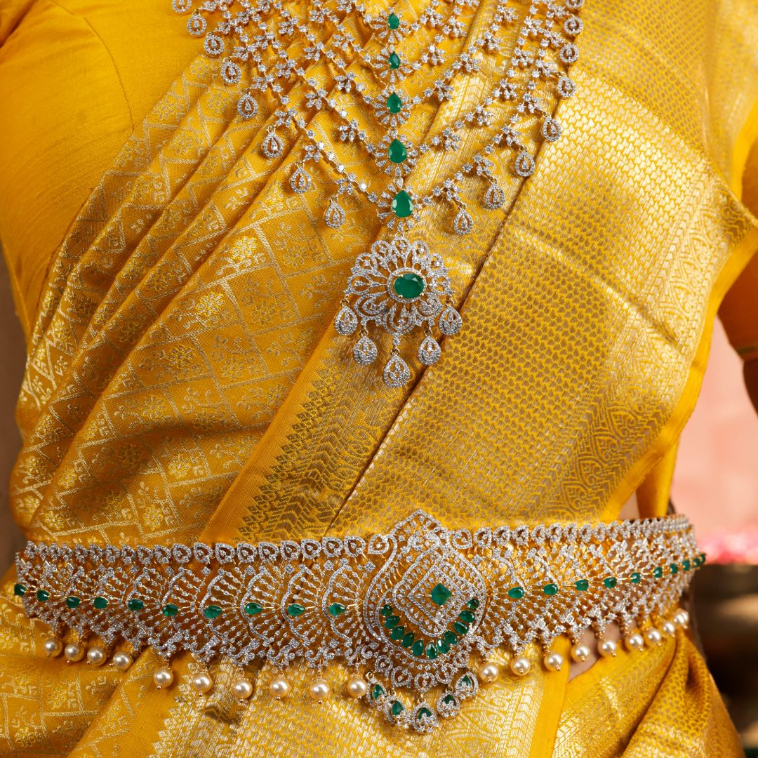 Designer Emerald Silver CZ Vaddanam for Women Bridal Waist Belt