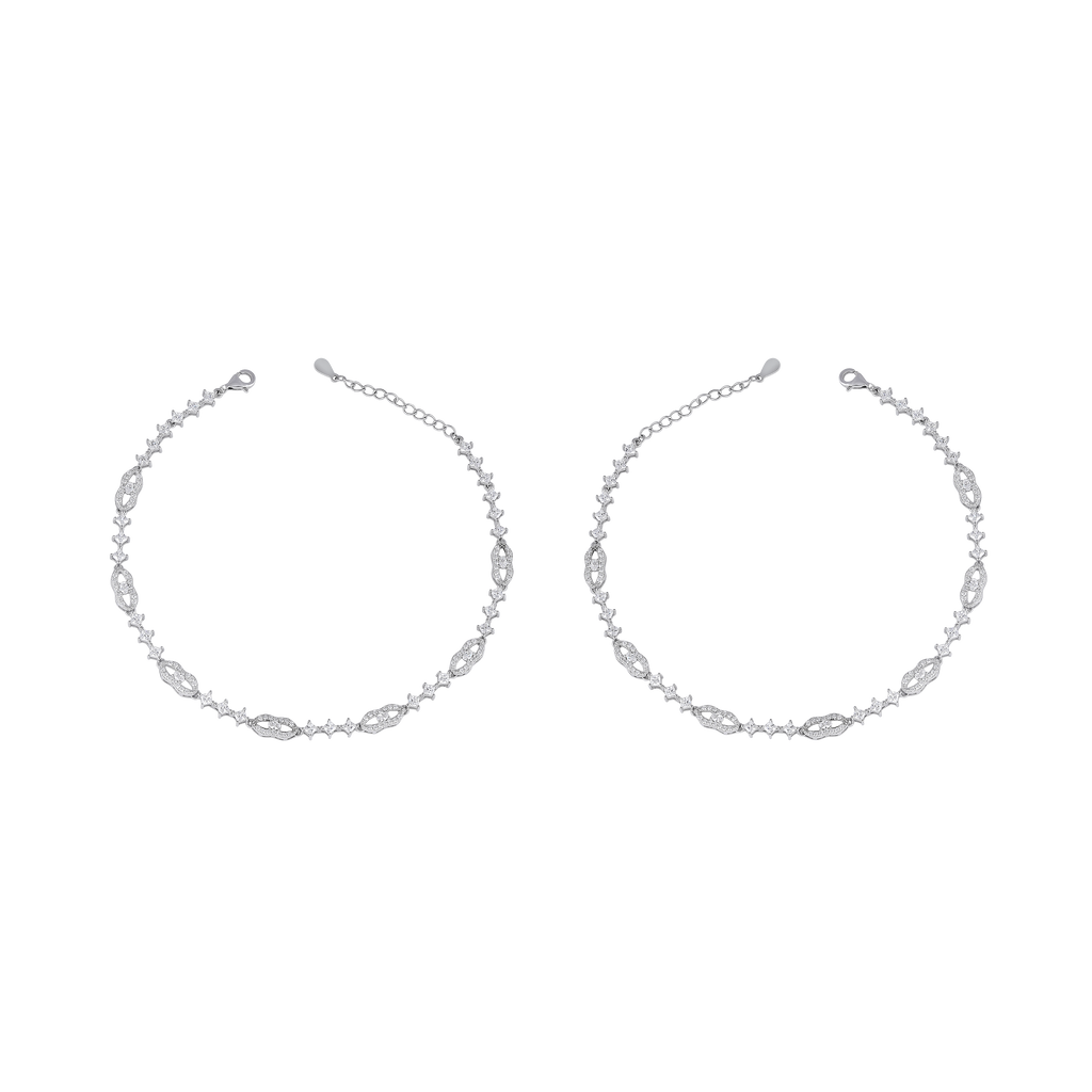Silver Interlocking Link Anklets with Brilliant CZ
