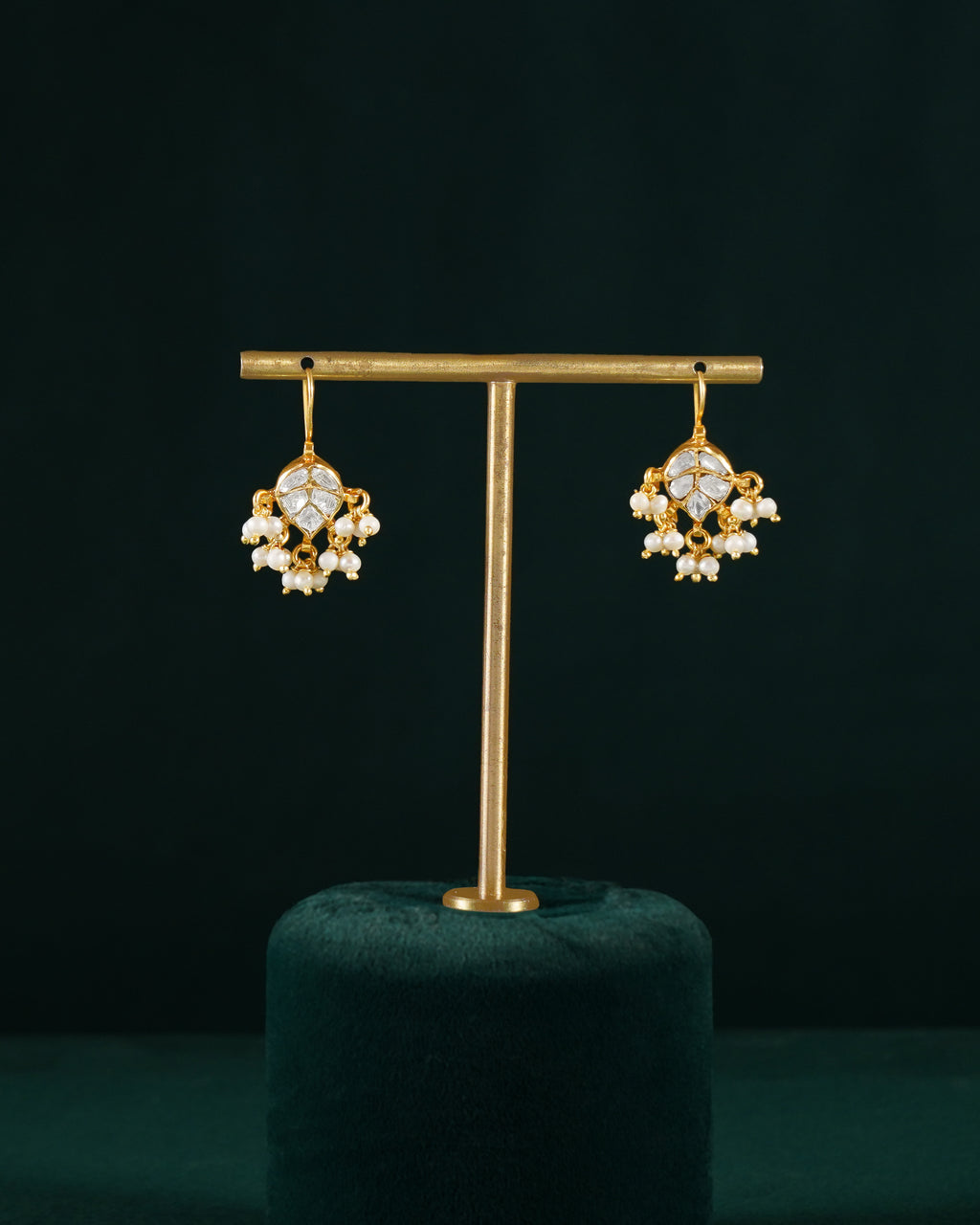 Gilded Leaf Polki Pattern Silver Hanging Earrings