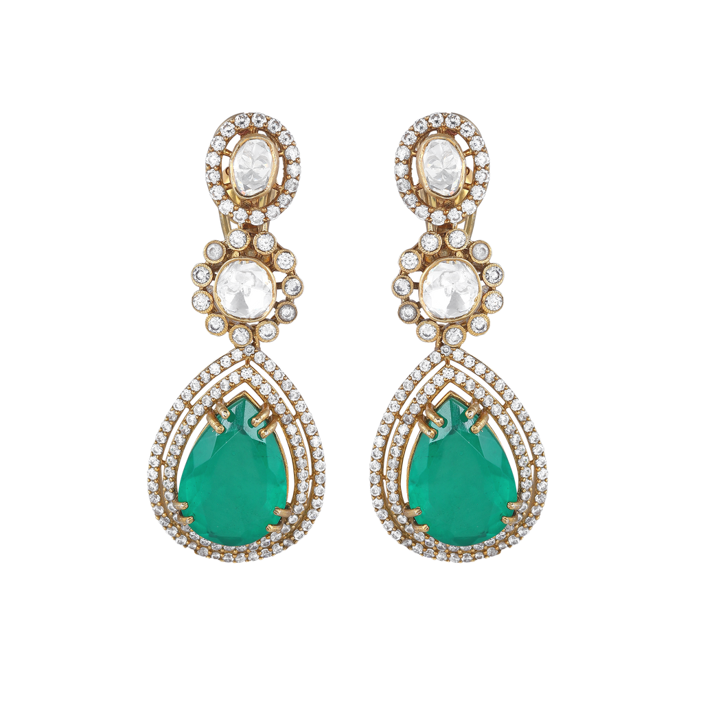 Polki Pattern Silver Floral Drop Earrings in Gold-Plated