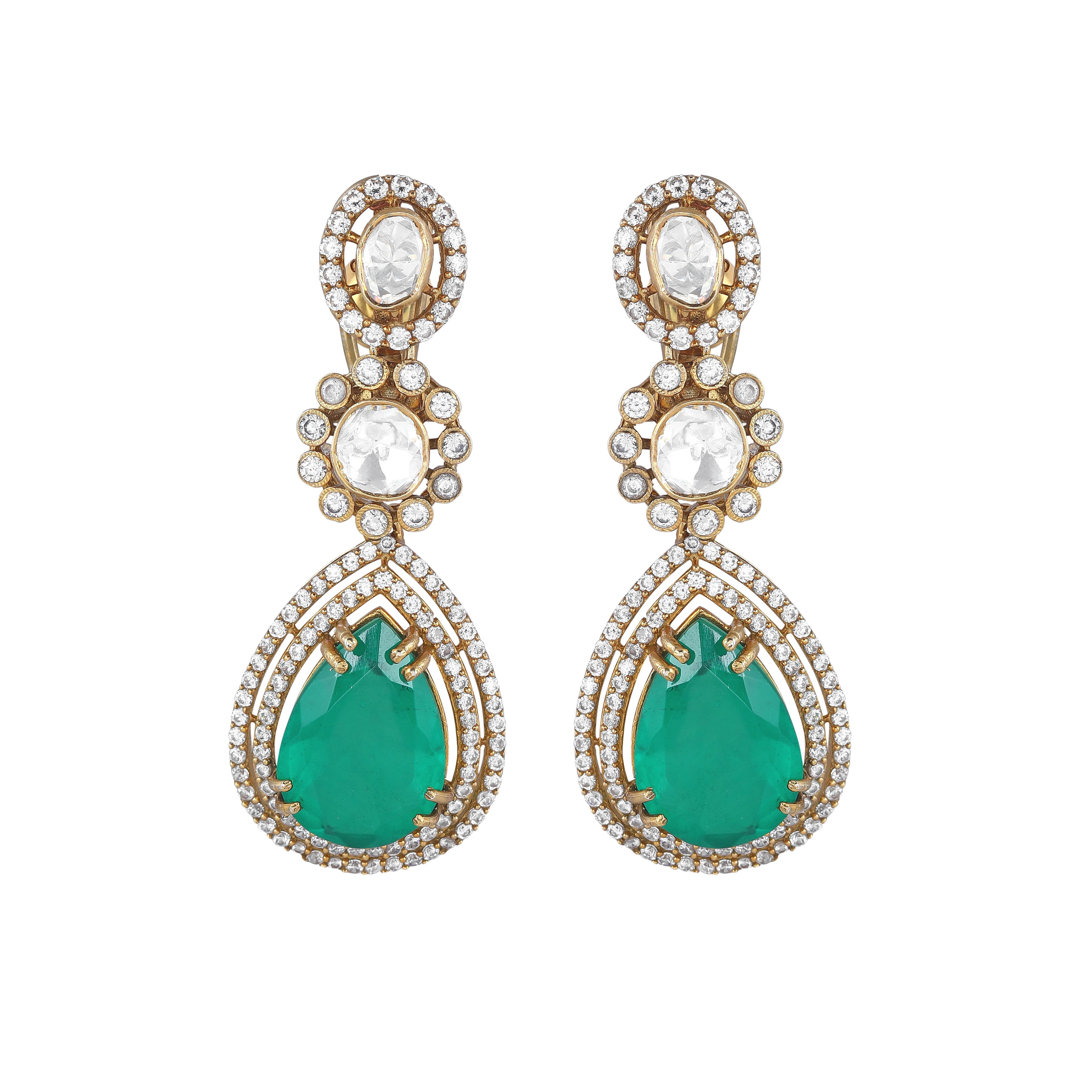 Polki Pattern Silver Floral Drop Earrings in Gold-Plated
