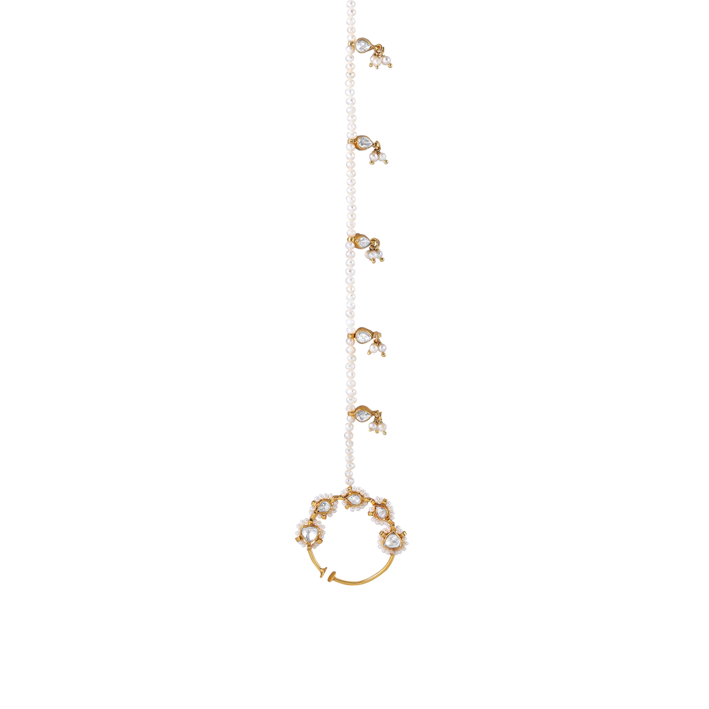 Silver Polki Pattern Nath with Pearl Sahare Chain