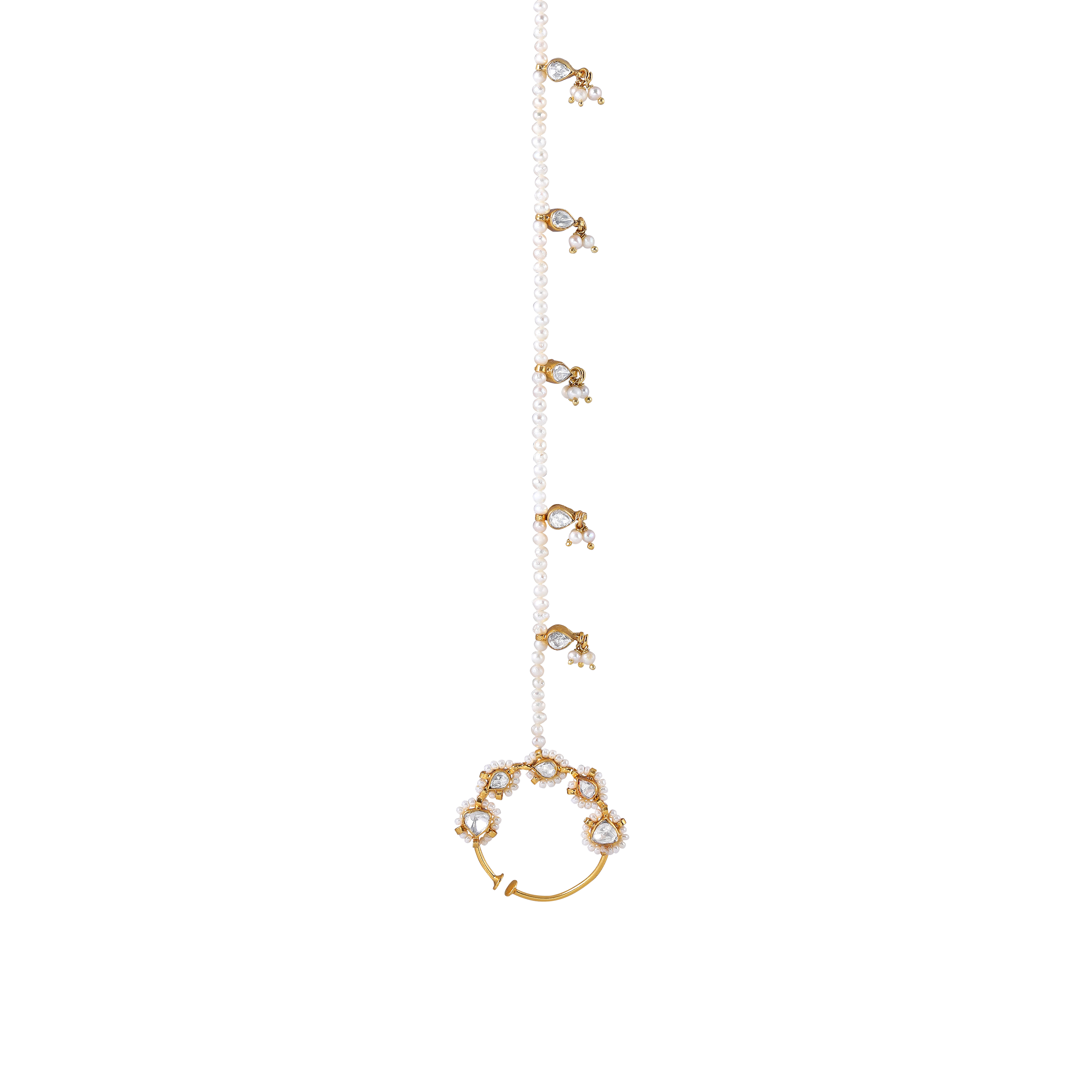 Silver Polki Pattern Nath with Pearl Sahare Chain
