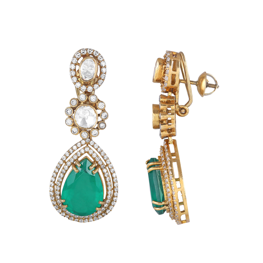 Polki Pattern Silver Floral Drop Earrings in Gold-Plated