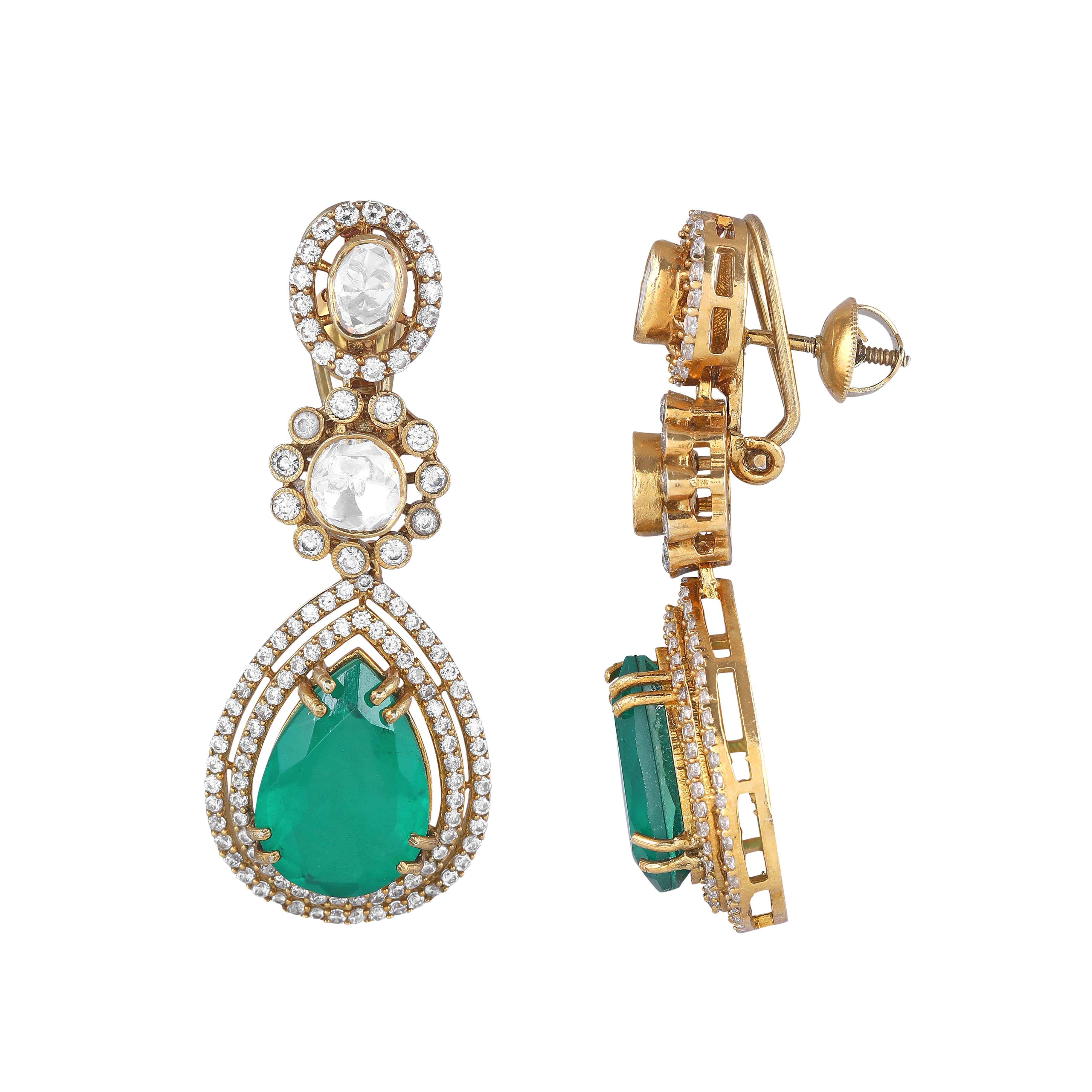 Polki Pattern Silver Floral Drop Earrings in Gold-Plated