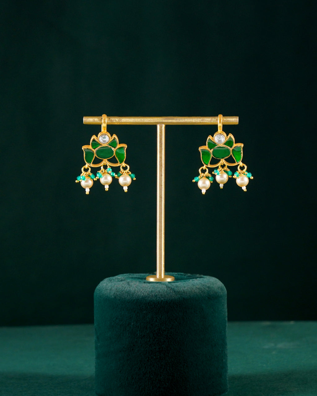 Silver Green Stone Lotus Pattern Earrings