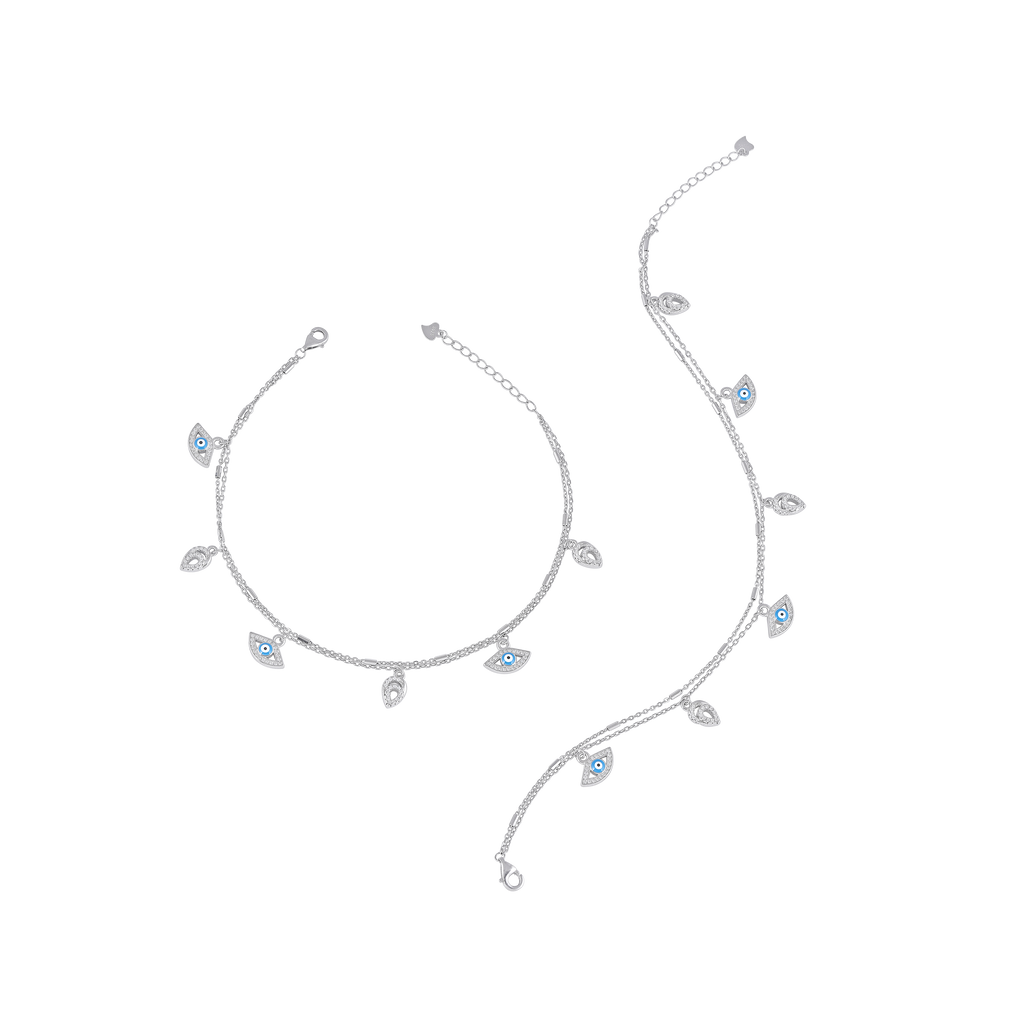 Silver Double Layer Evil Eye & CZ Leaf Anklets
