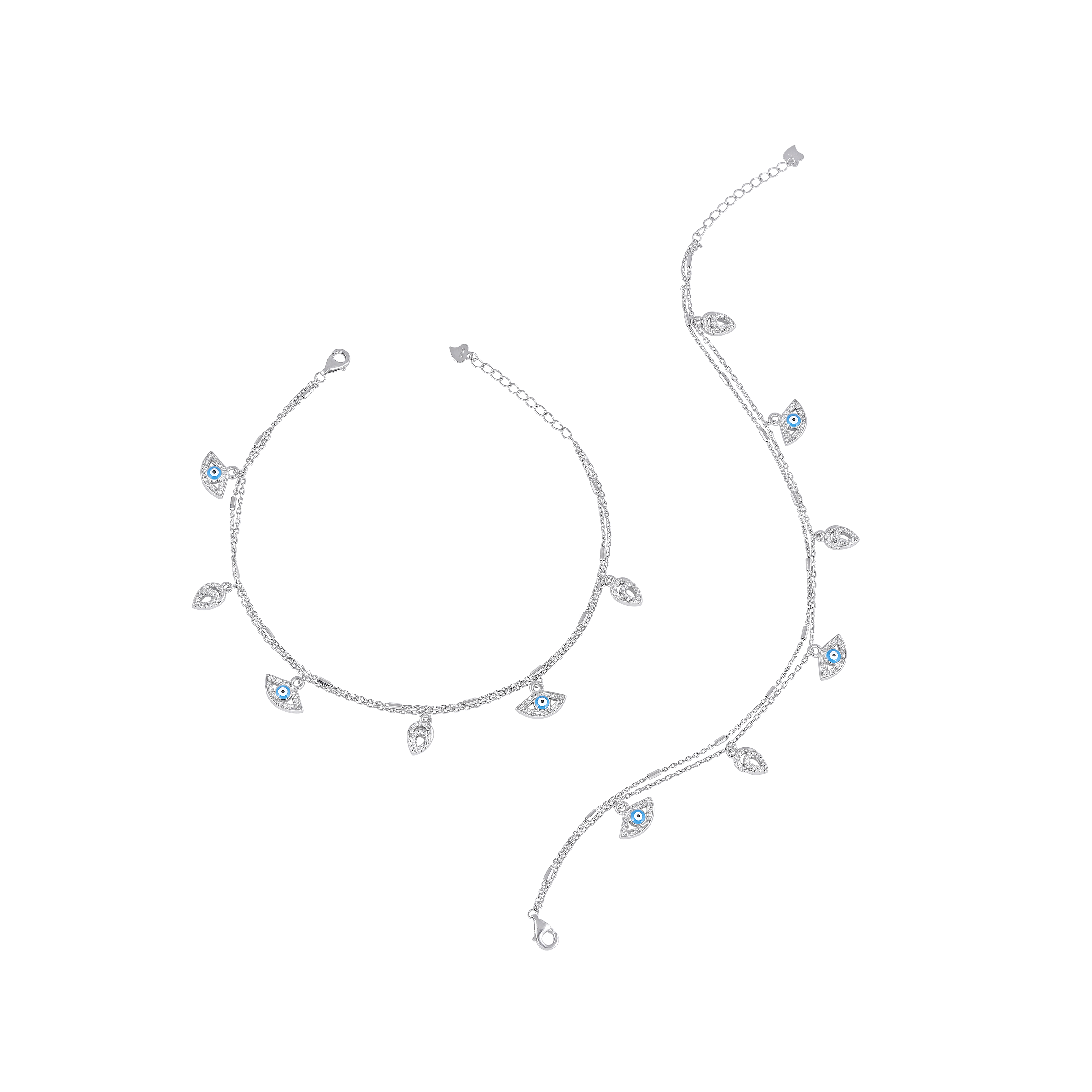 Silver Double Layer Evil Eye & CZ Leaf Anklets