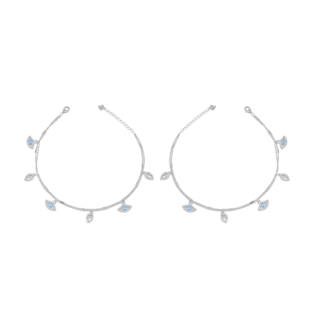 Silver Double Layer Evil Eye & CZ Leaf Anklets