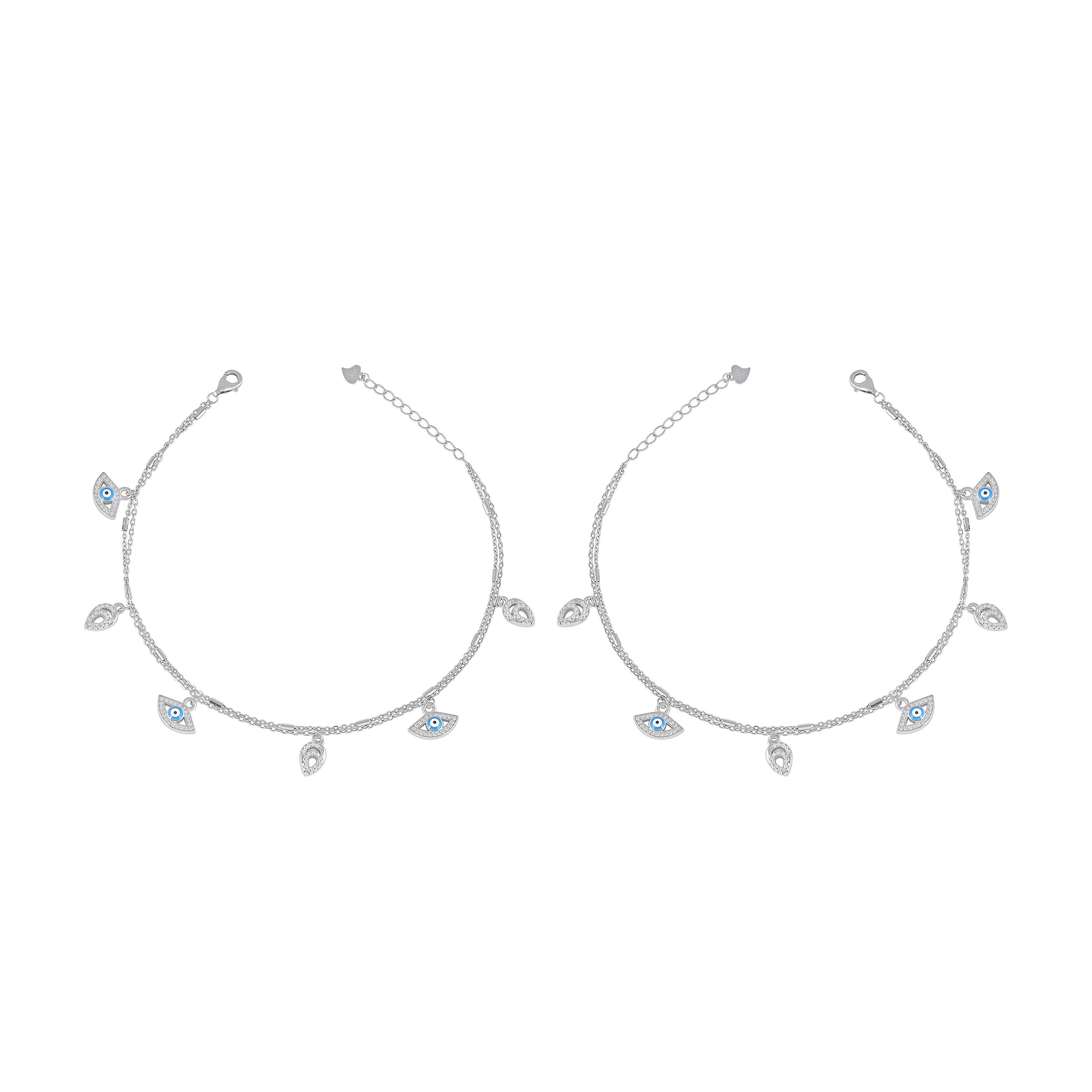 Silver Double Layer Evil Eye & CZ Leaf Anklets