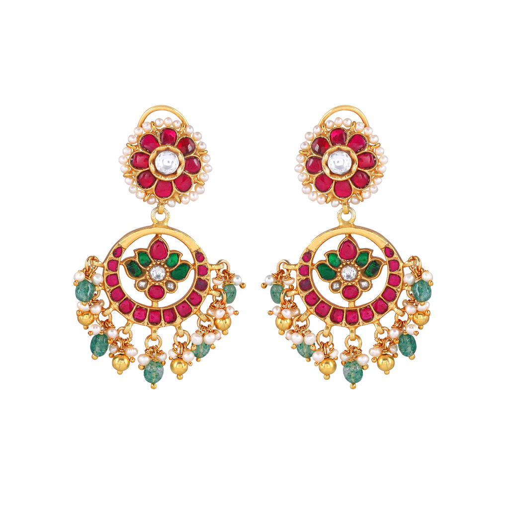 92.5 Silver Gold-Plated Kundan Pattern Chandbali Earrings