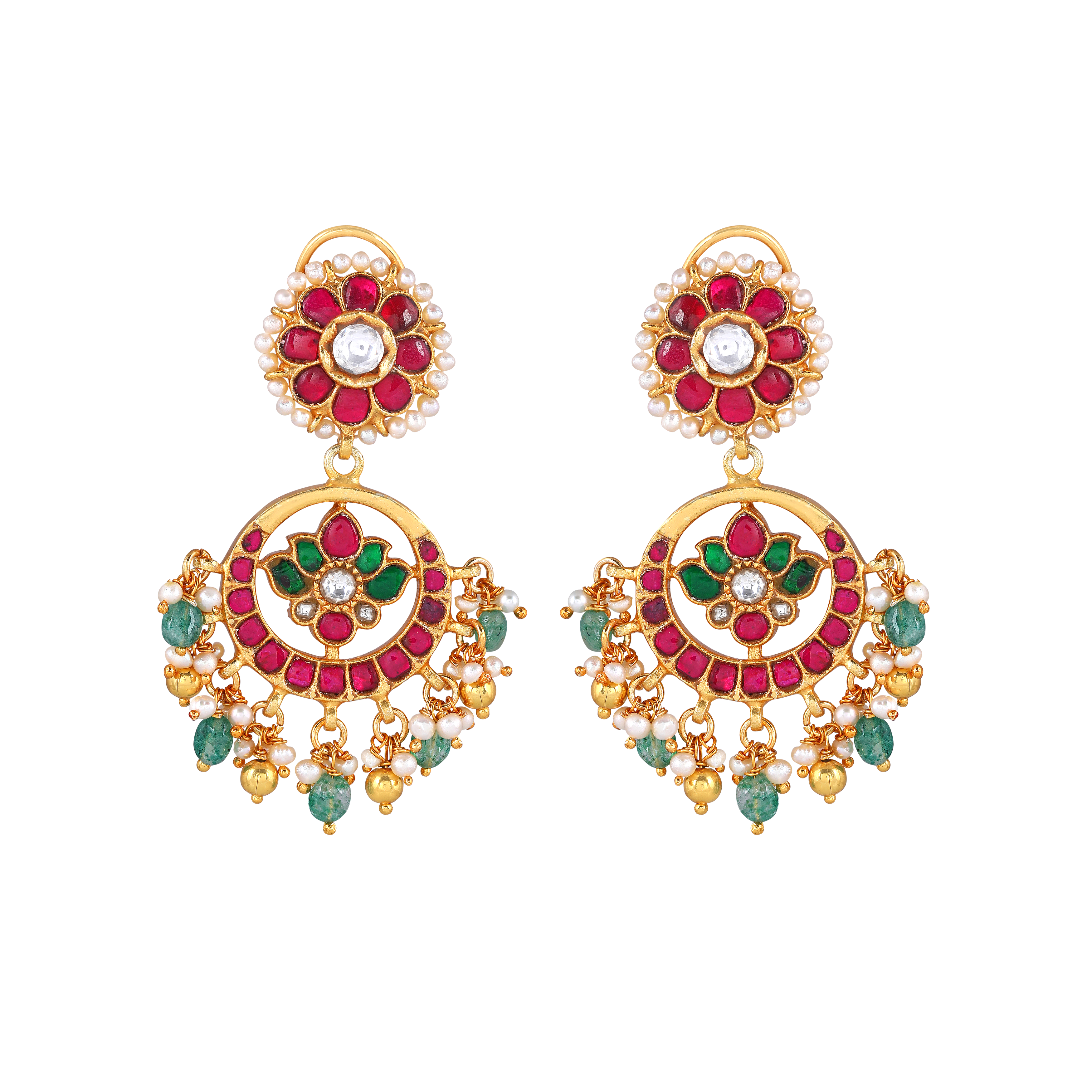 92.5 Silver Gold-Plated Kundan Pattern Chandbali Earrings