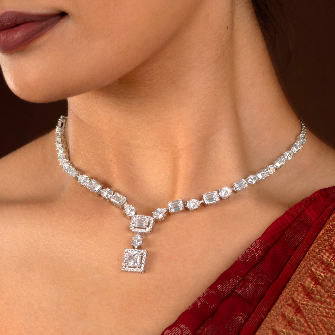 Geometric Deco Silver Necklace & Earrings Set