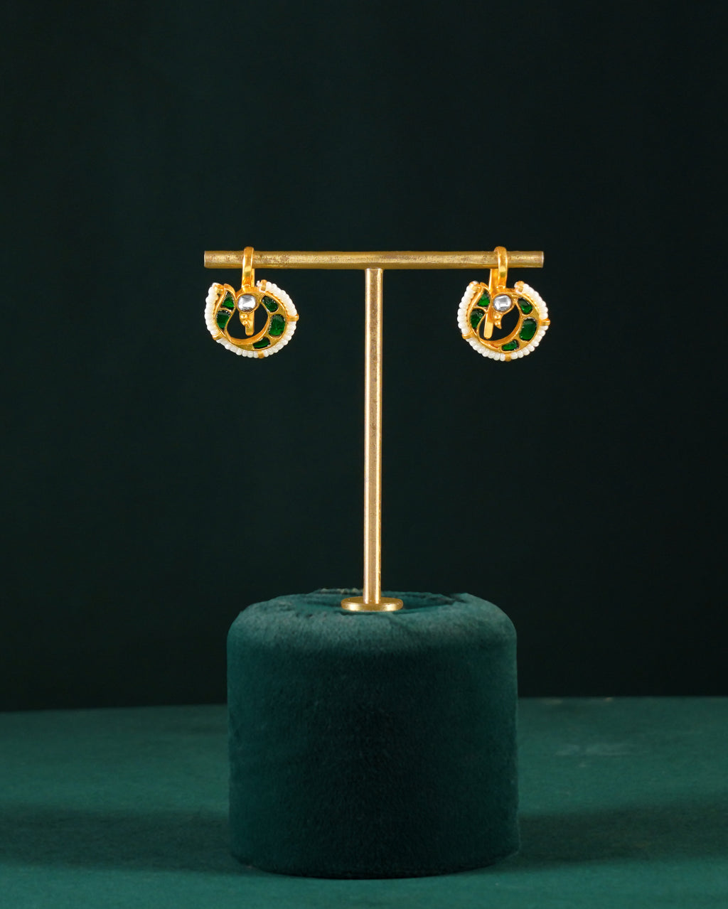 Silver Peacock Bugadi Earrings with Green Accents