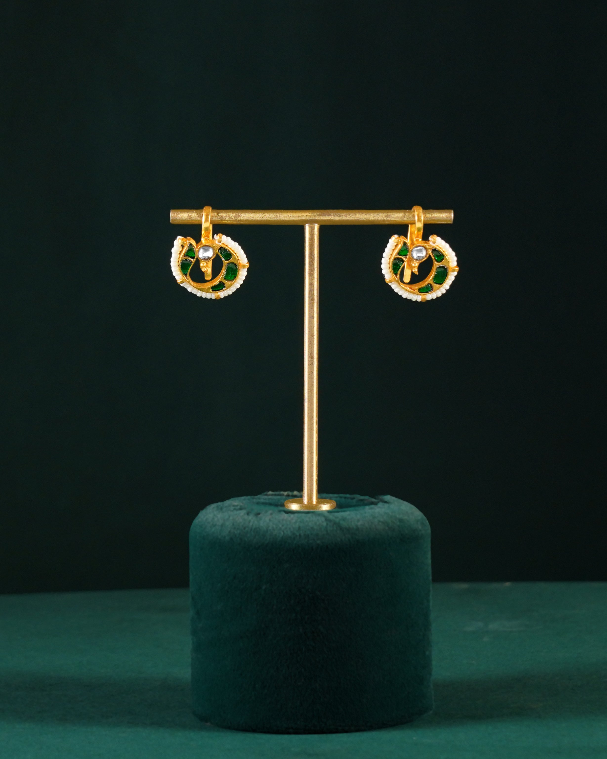 Silver Peacock Bugadi Earrings with Green Accents
