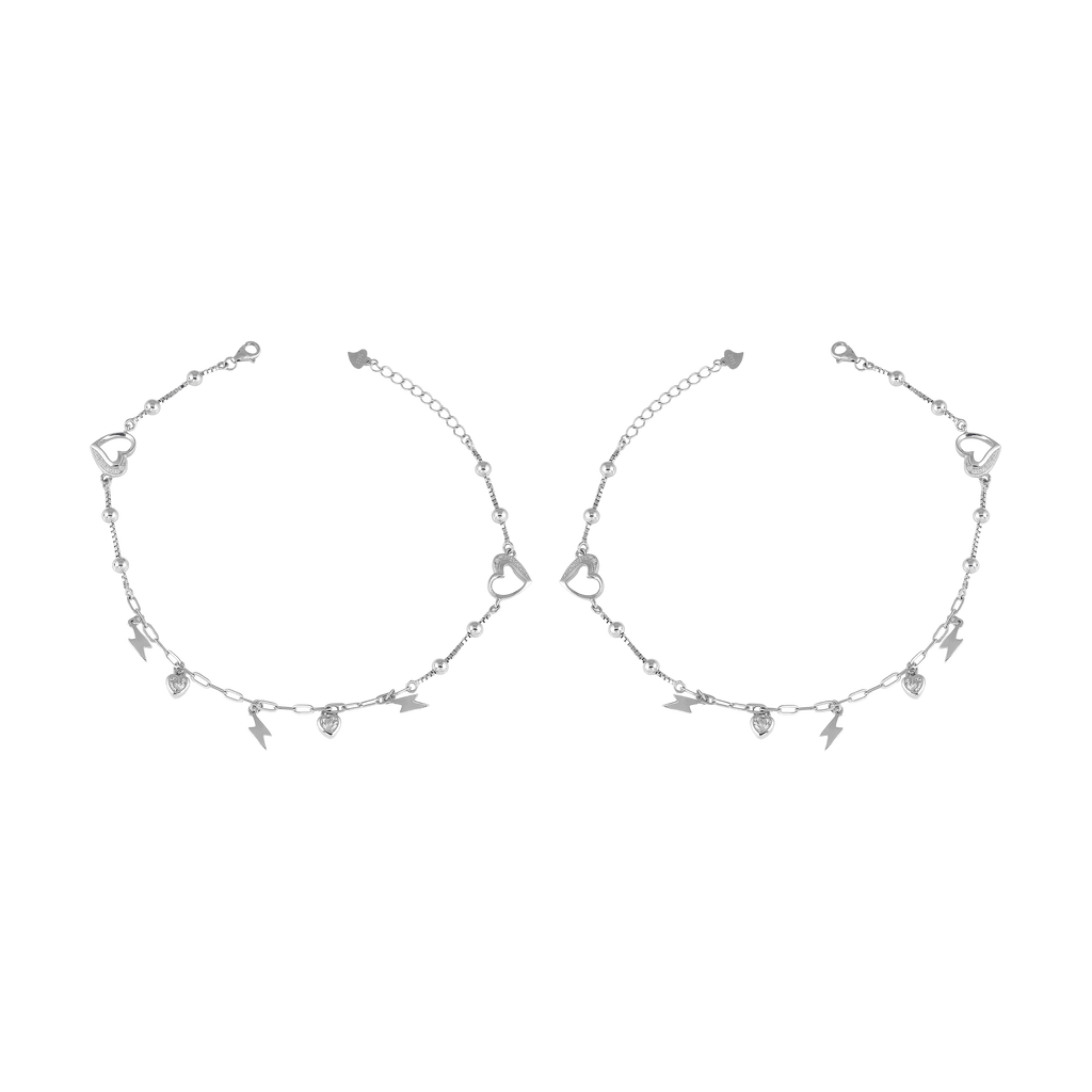Silver Heart & Thunder Charm Anklet Set