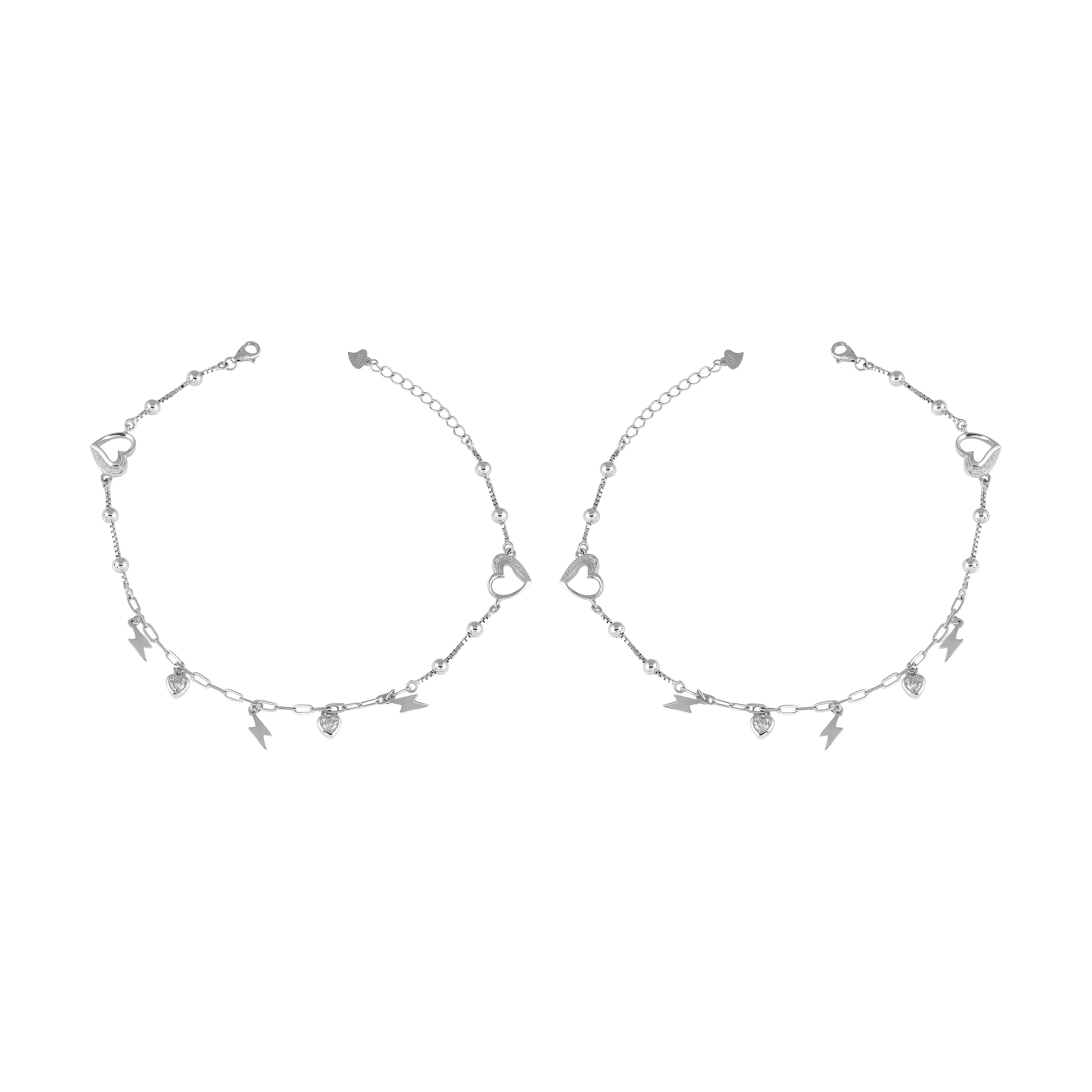Silver Heart & Thunder Charm Anklet Set