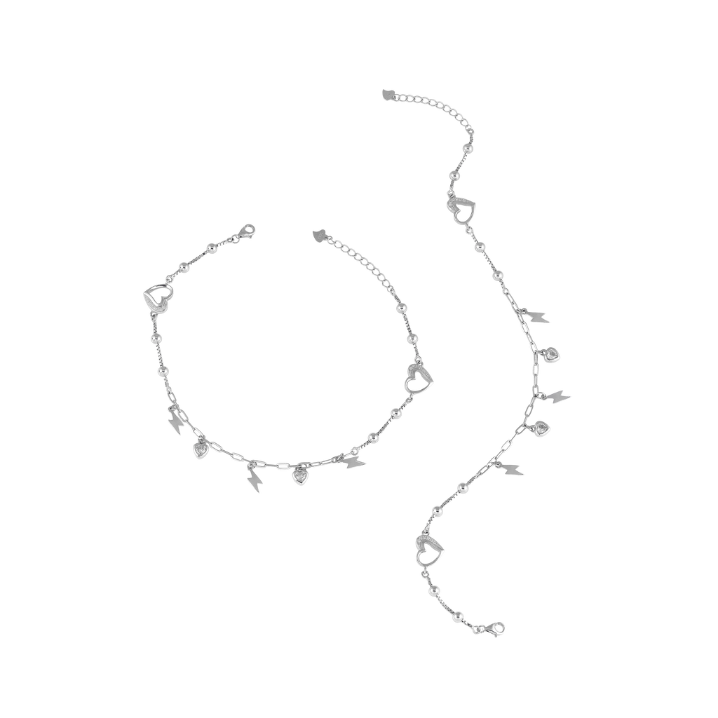 Silver Heart & Thunder Charm Anklet Set