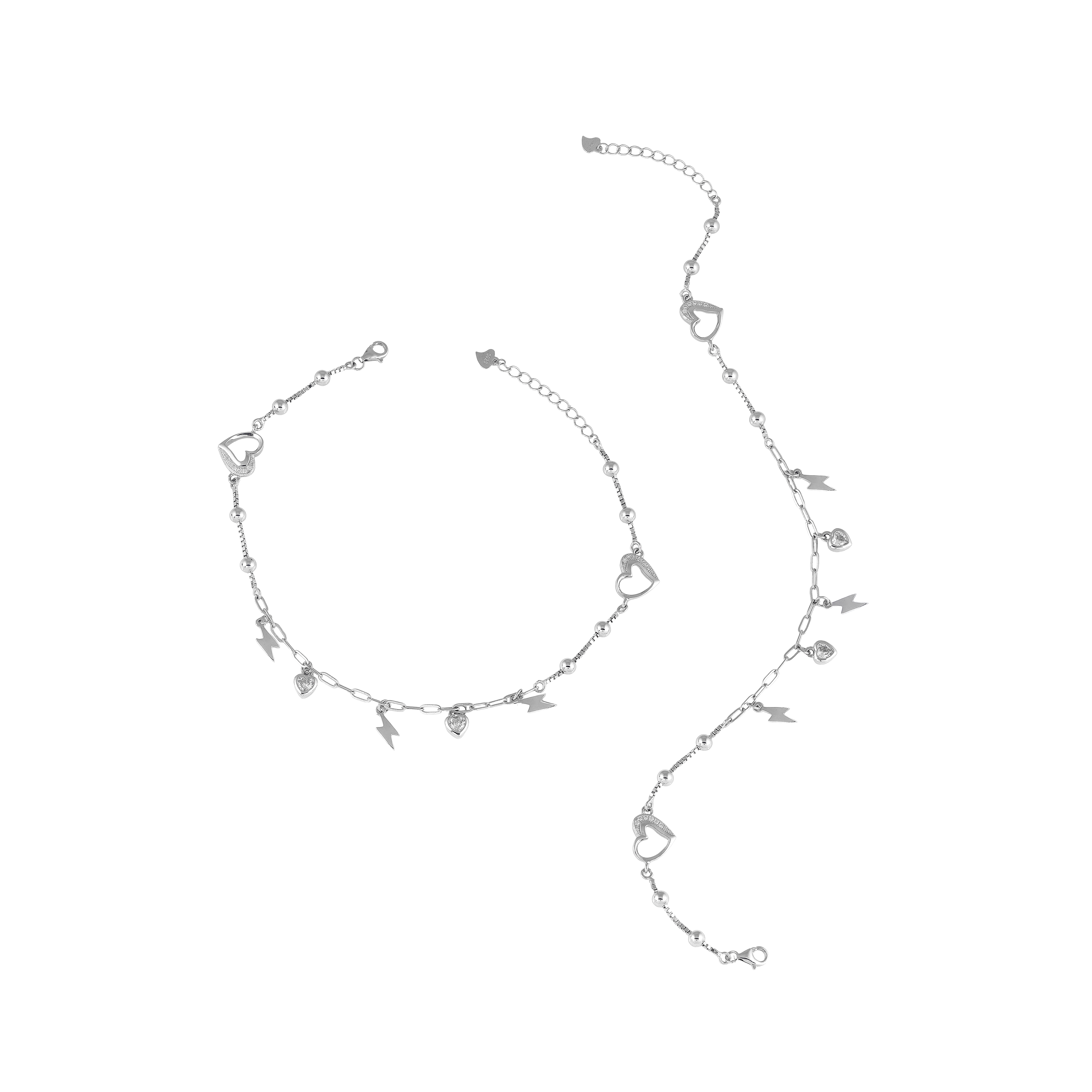 Silver Heart & Thunder Charm Anklet Set