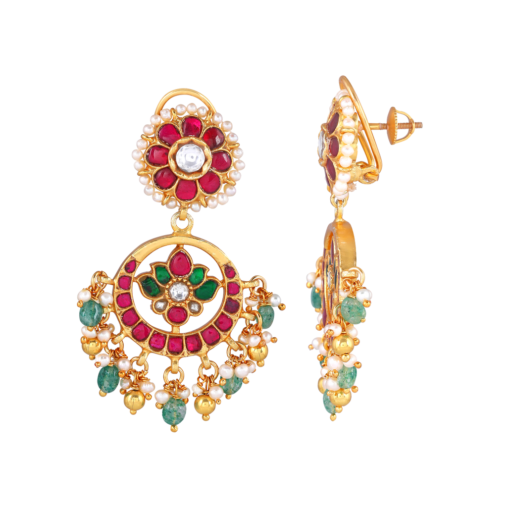 92.5 Silver Gold-Plated Kundan Pattern Chandbali Earrings