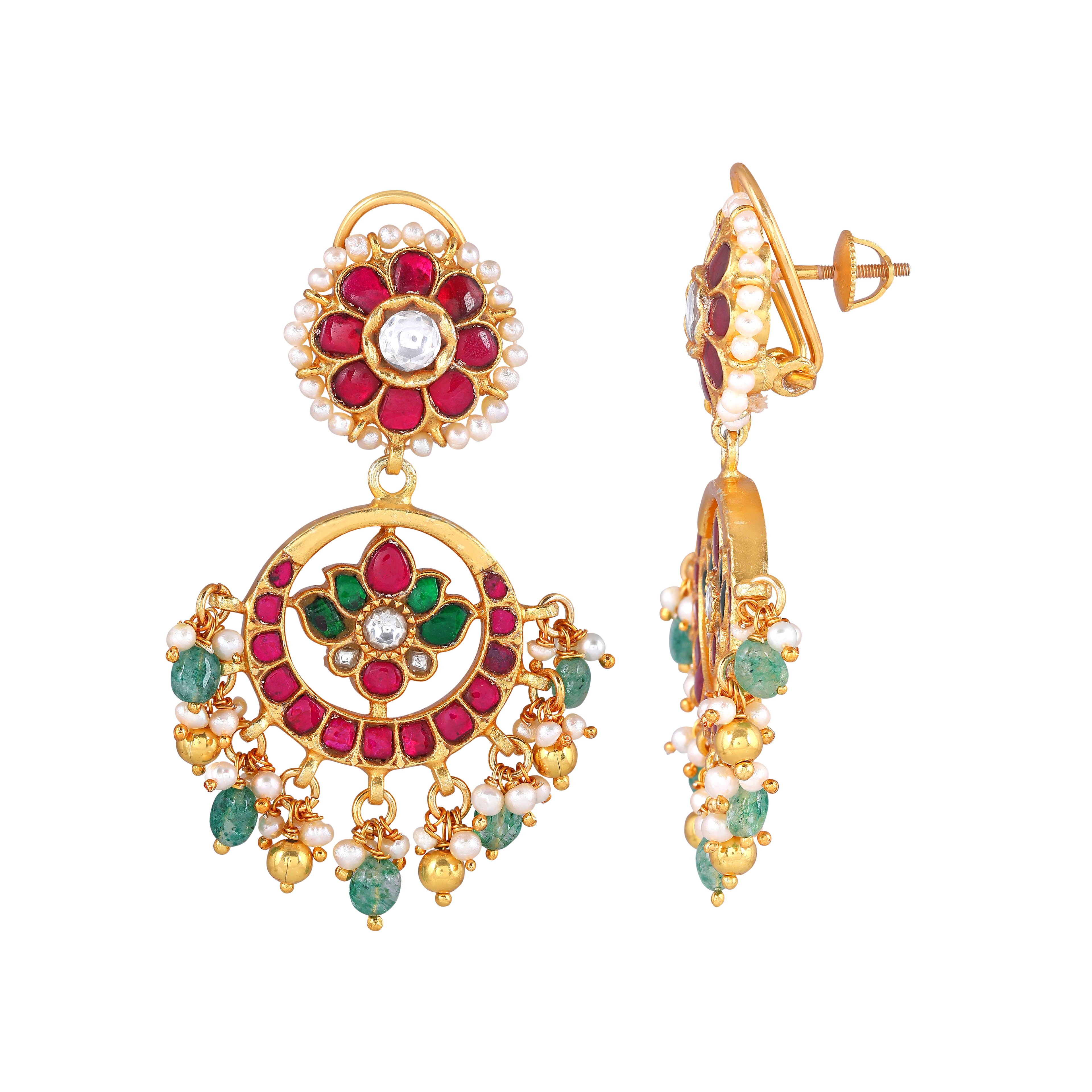 92.5 Silver Gold-Plated Kundan Pattern Chandbali Earrings