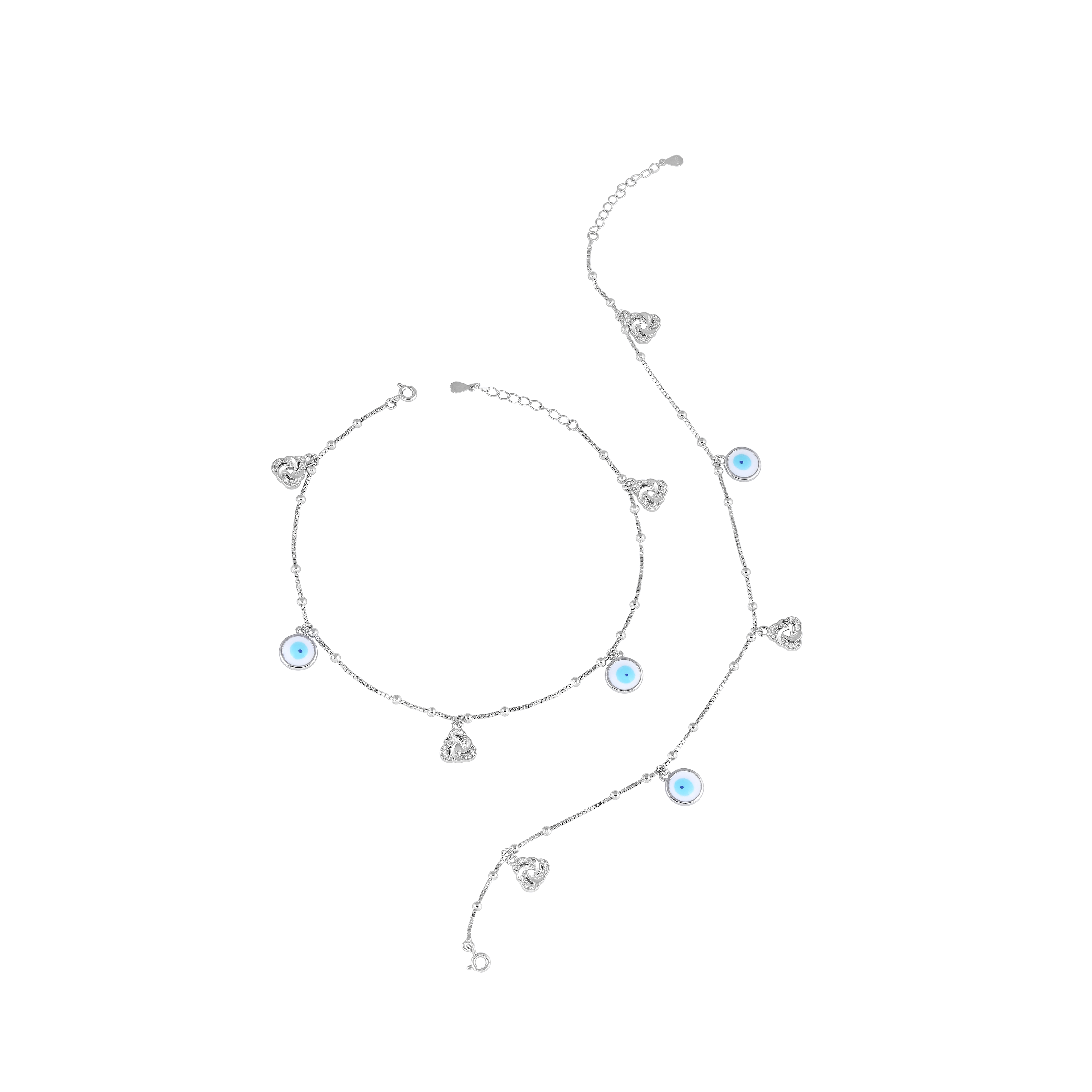 Silver Evil Eye Anklet Pair with Sparkling CZ Accents