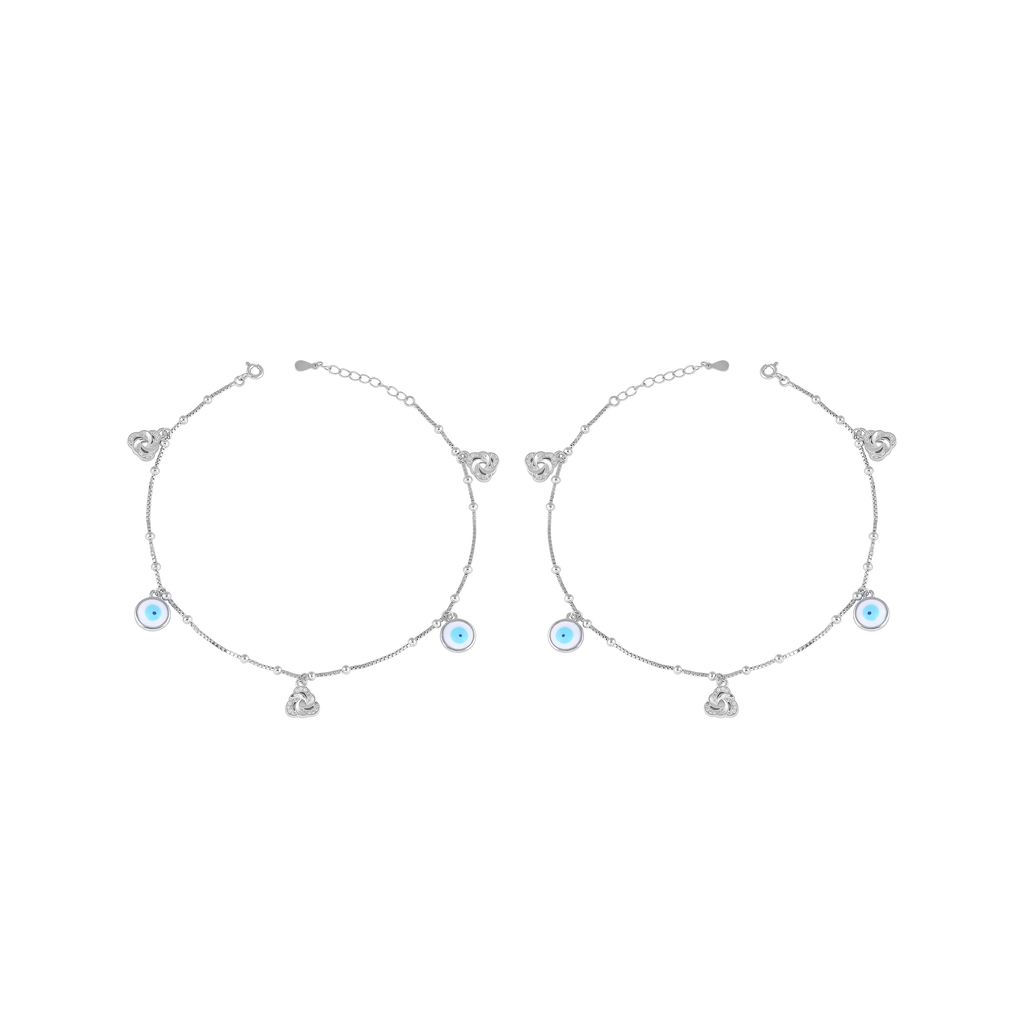 Silver Evil Eye Anklet Pair with Sparkling CZ Accents