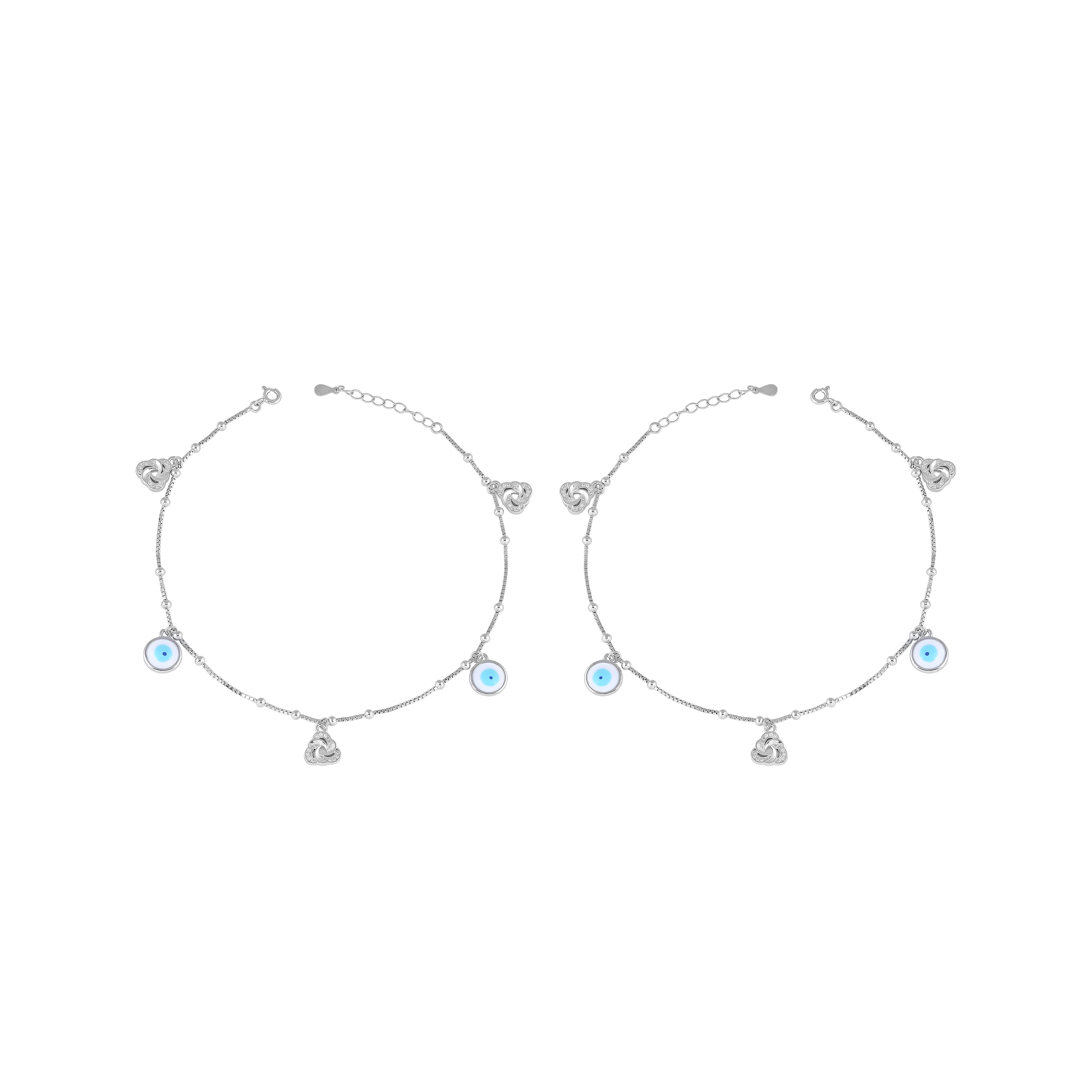 Silver Evil Eye Anklet Pair with Sparkling CZ Accents