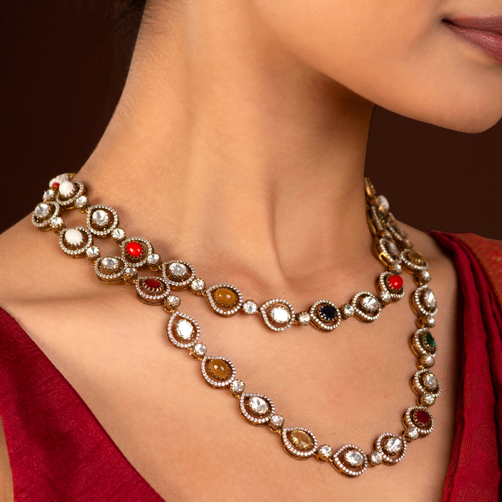 Regal Navratan Design Silver Double-Layered Necklace