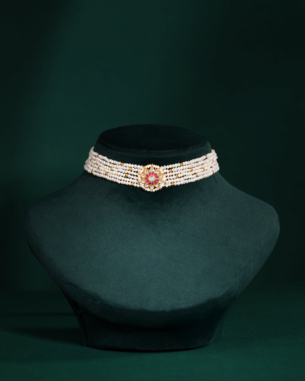 Multi-Strand Pearl Choker with CZ Floral Pendant in Gold Plated Silver
