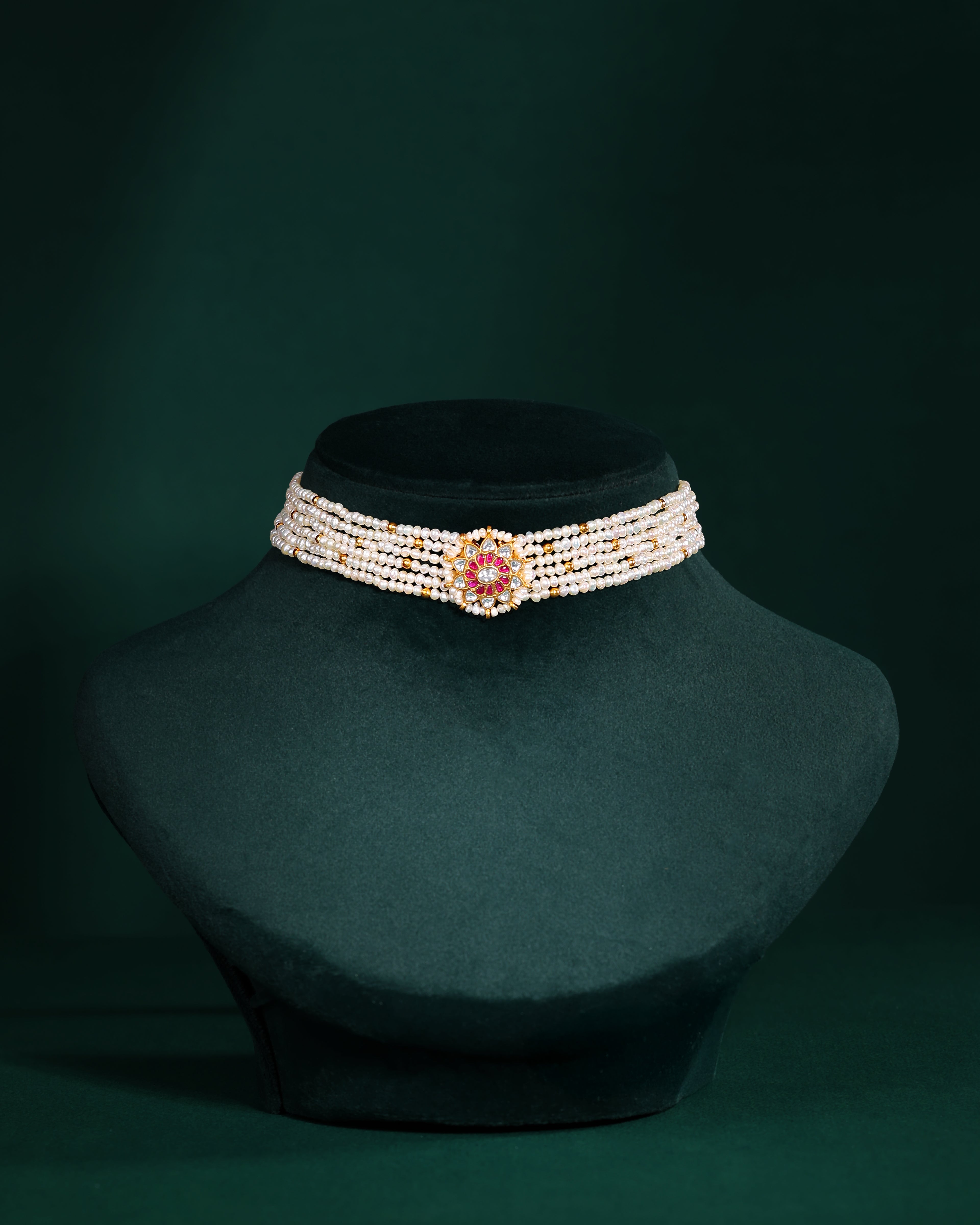 Multi-Strand Pearl Choker with CZ Floral Pendant in Gold Plated Silver
