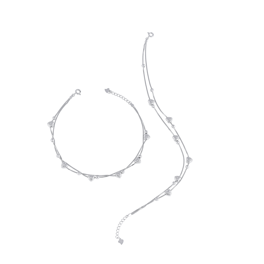 Silver Heart-Dangle Double Layer Anklets