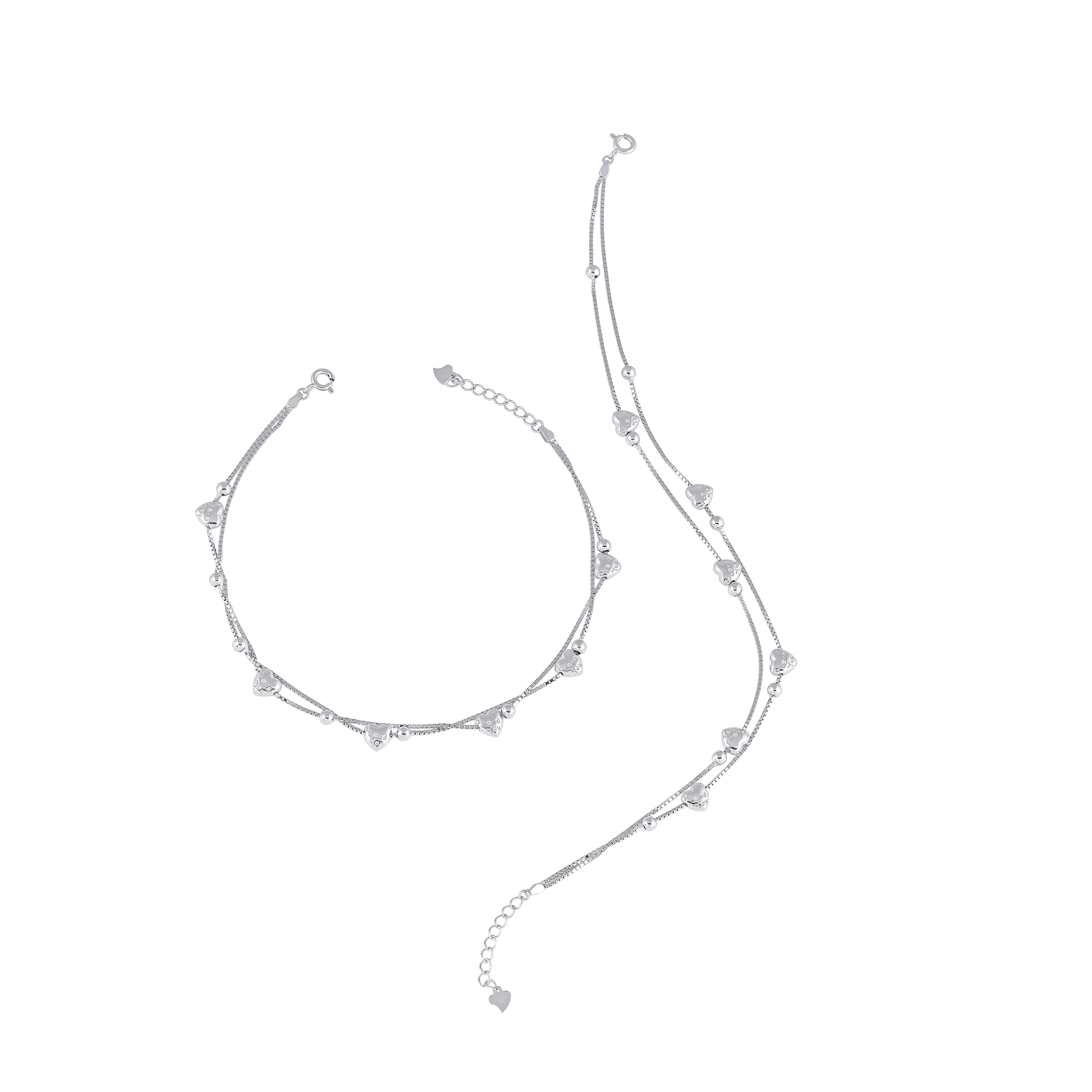 Silver Heart-Dangle Double Layer Anklets