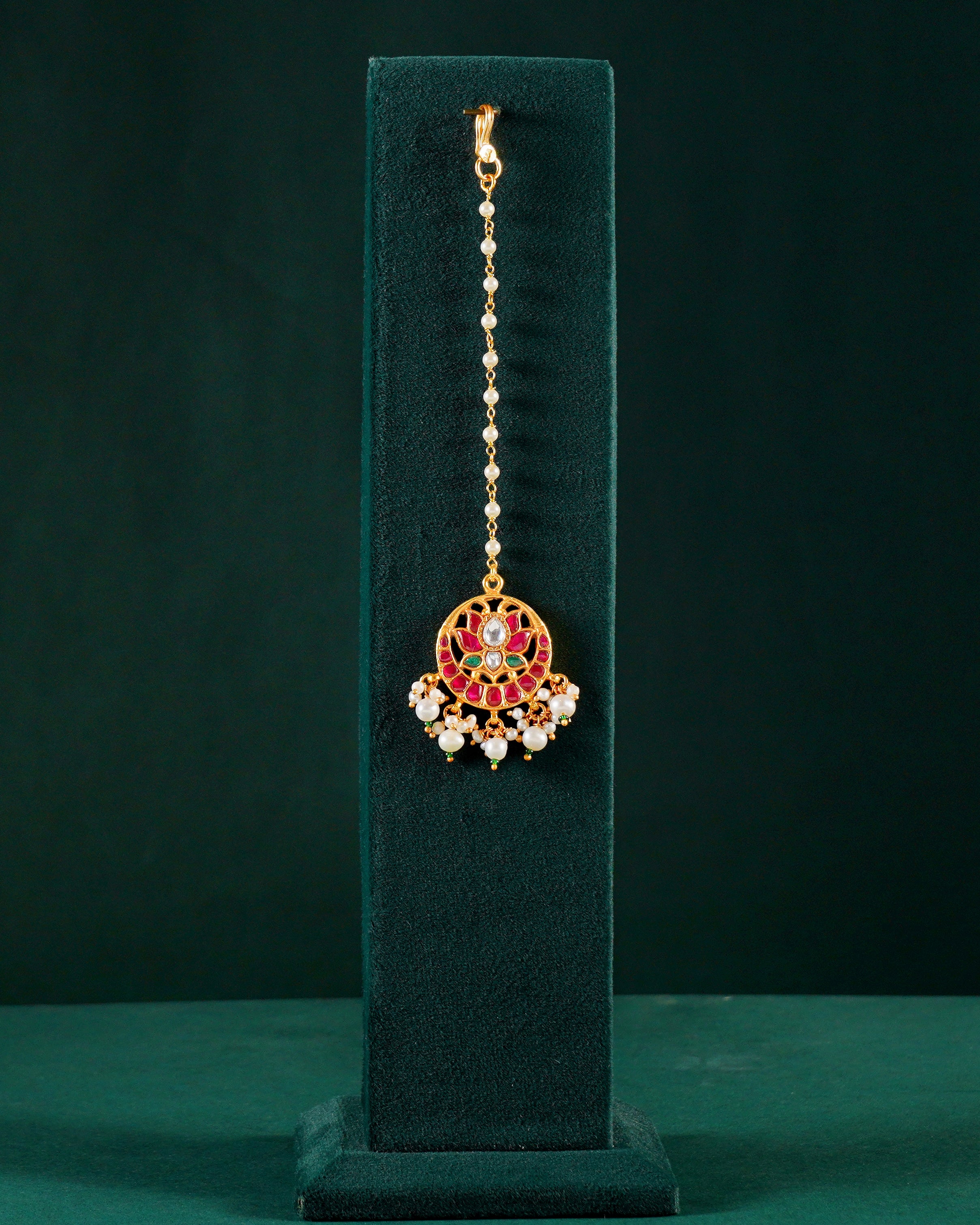 Silver Kundan Pattern Maang Tikka with Lotus Design