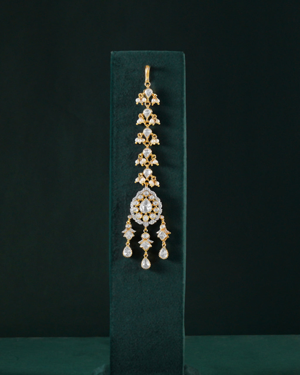 Silver Maang Tikka with Pear-Cut CZ and Seed Pearl Clusters